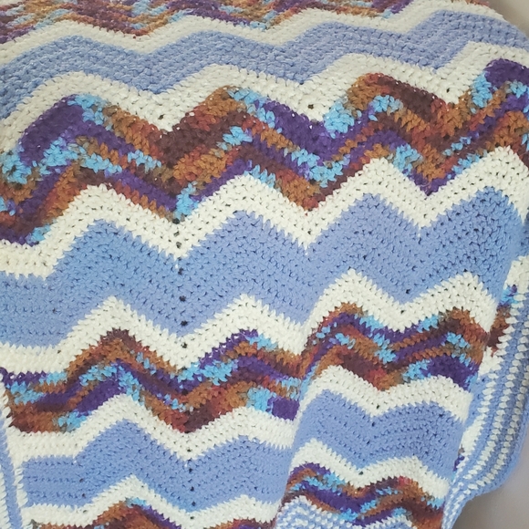 Handmade Crochet Chevron Lap Blanket Sofa Chair Throw Afghan Blue White 23"X77" - Picture 7 of 8